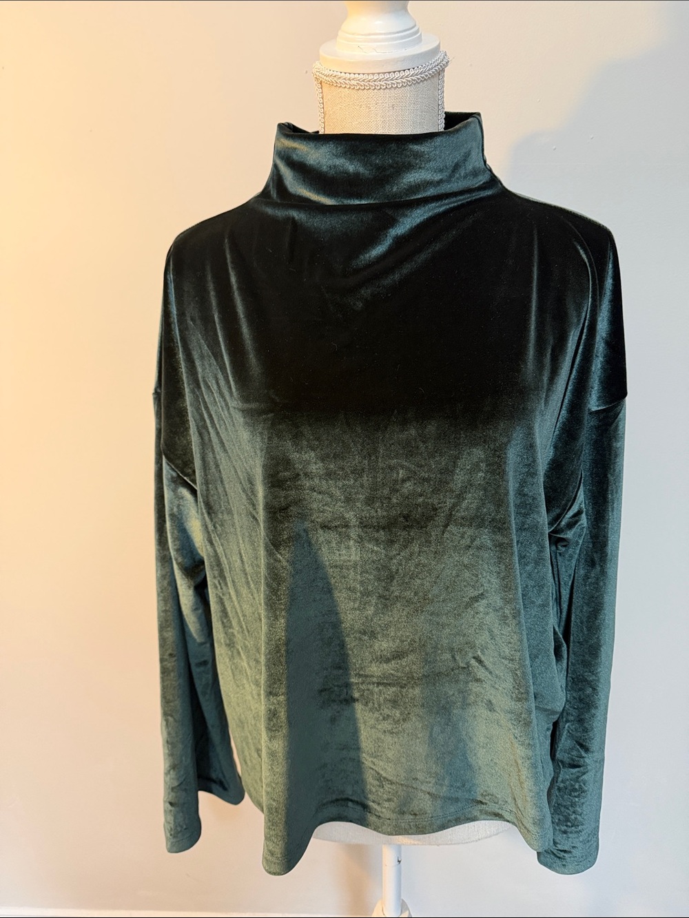 Women's Velvet Mock Neck Long Sleeve Top in Forest Green
